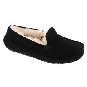 UGG Mens Ascot Black Suede Leather Sheepskin Lined Slip On‎ Loafer Slippers Sz 6